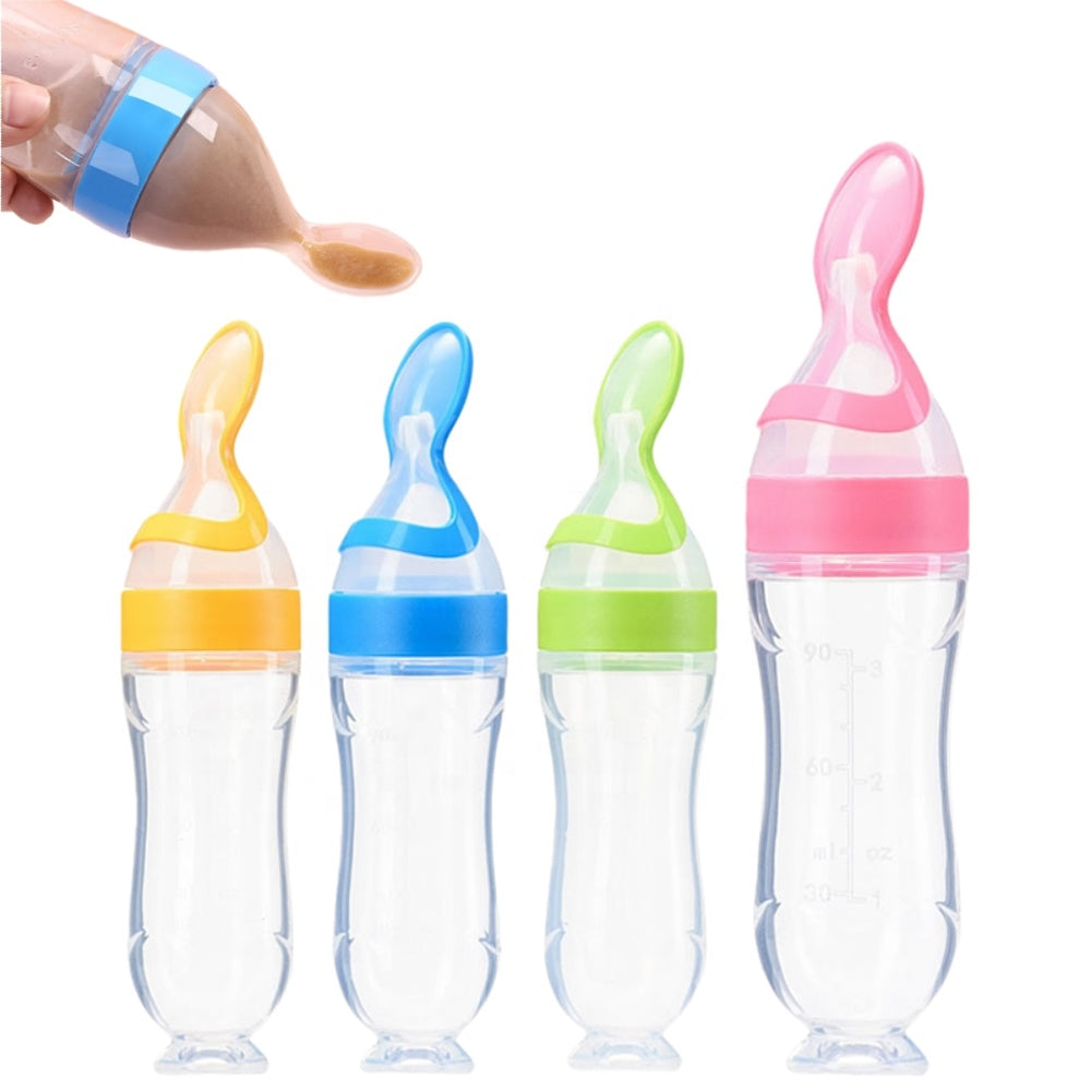 Silicone Baby Squeeze Feeding Bottle & Spoon