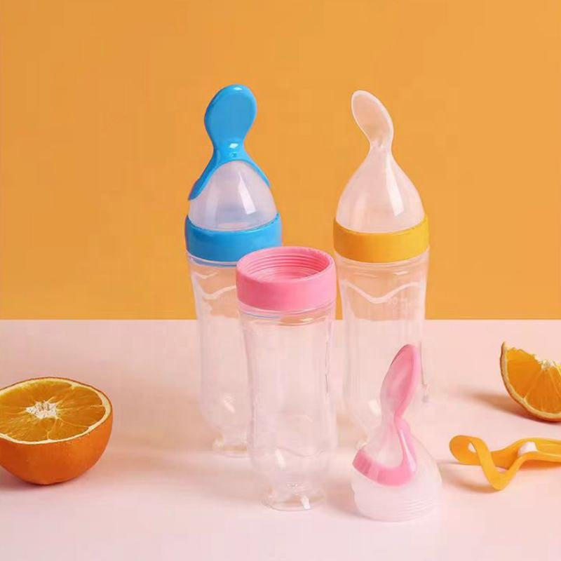 Silicone Baby Squeeze Feeding Bottle & Spoon