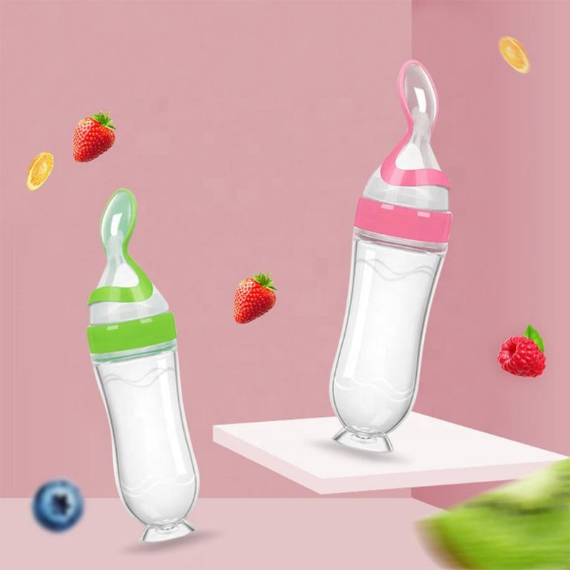 Silicone Baby Squeeze Feeding Bottle & Spoon